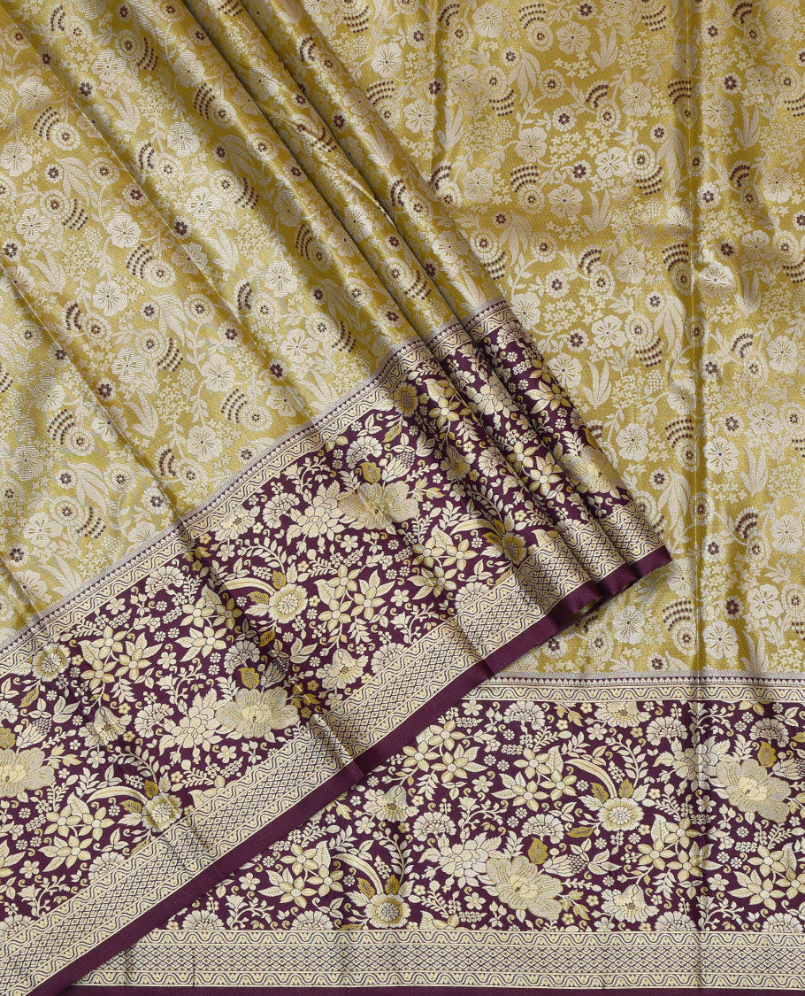 Green Art Silk Pavadai Material, Bedecked with Jacquard Design, Contrast Floral Zari Design Border, and Comes with a Contrast Blouse