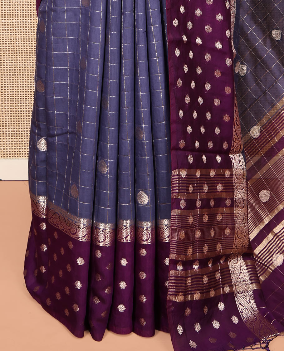Grey Assam Silk Saree, Masterfully Woven with Zari Butta Enclosed Checks, Complemented by a Contrast Zari Butta Woven Border, Zari-Striped Pallu, and a Contrast Blouse