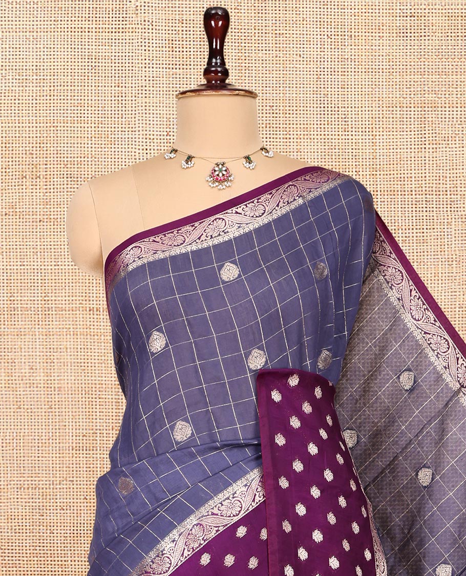 Grey Assam Silk Saree, Masterfully Woven with Zari Butta Enclosed Checks, Complemented by a Contrast Zari Butta Woven Border, Zari-Striped Pallu, and a Contrast Blouse