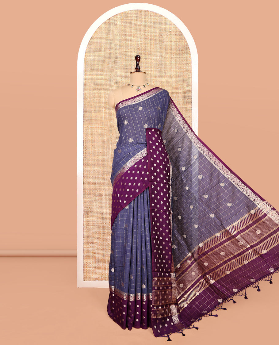 Grey Assam Silk Saree, Masterfully Woven with Zari Butta Enclosed Checks, Complemented by a Contrast Zari Butta Woven Border, Zari-Striped Pallu, and a Contrast Blouse