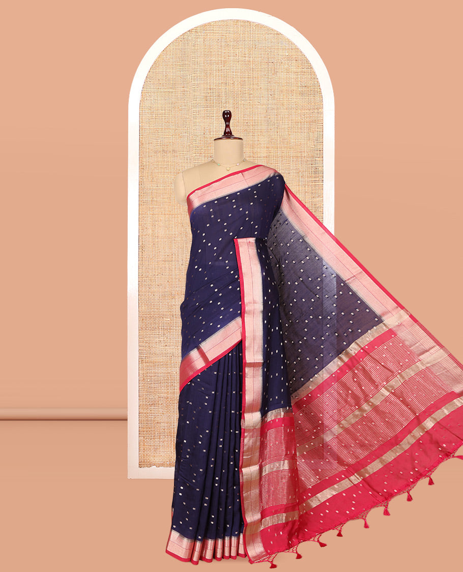 Blue Assam Silk Saree, Graced with Zari Buttas, Complemented by Contrast Zari Border, Zari Woven Pallu, and Contrast Blouse