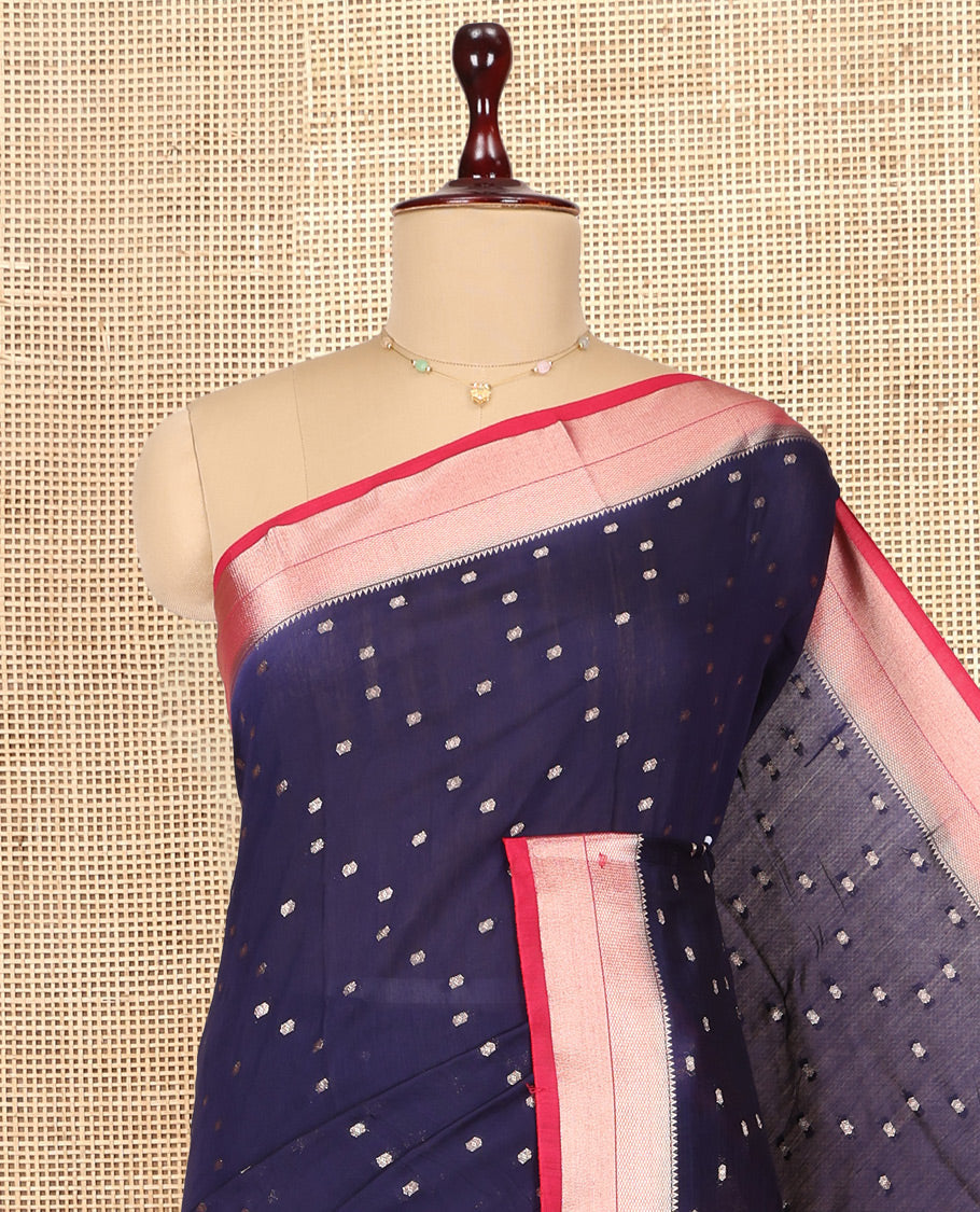 Blue Assam Silk Saree, Graced with Zari Buttas, Complemented by Contrast Zari Border, Zari Woven Pallu, and Contrast Blouse