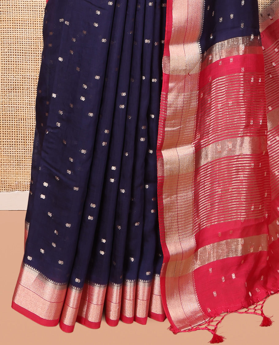 Blue Assam Silk Saree, Graced with Zari Buttas, Complemented by Contrast Zari Border, Zari Woven Pallu, and Contrast Blouse