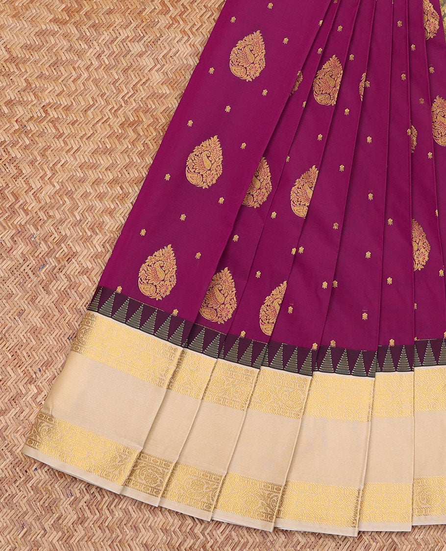 Purple Budget Silk Saree, Accentuated with Zari Buttas, Complemented by a Contrast Traditional Rettai Pettu Temple Border, Grand Pallu, and a Contrast Blouse