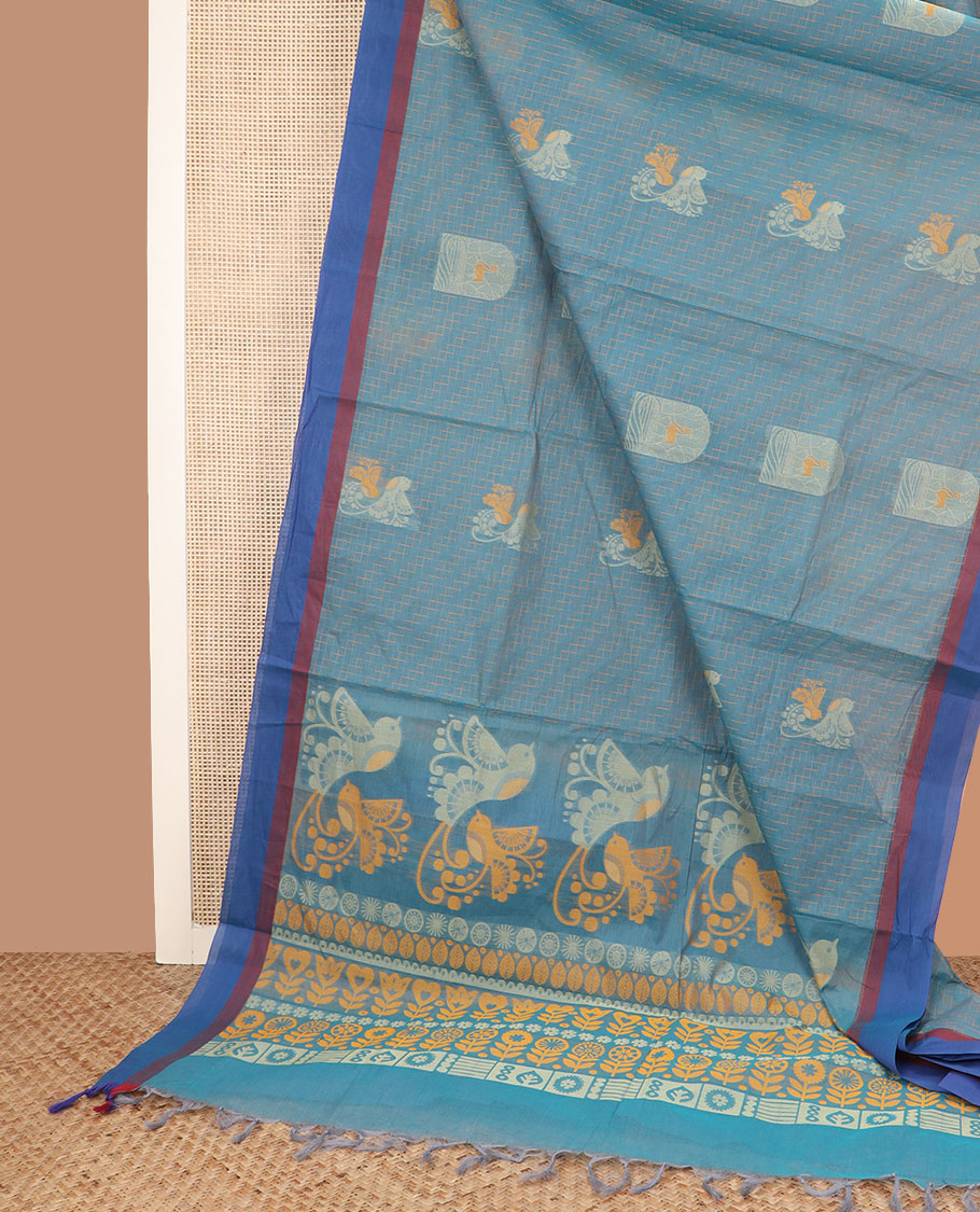 Blue striped and buttas coimbatore cotton saree, contrast border and pallu of floral and geometric patterns