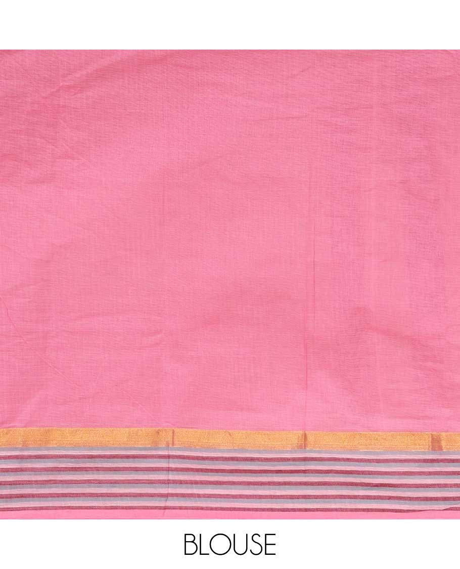 Pink peacock printed chirala cotton saree, peacock motif striped border & pallu of floral & geometric print