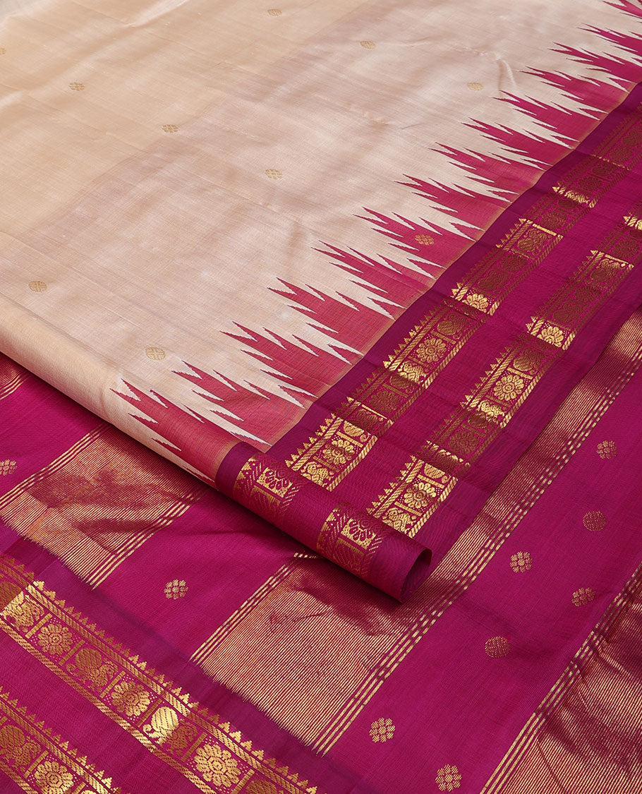Cream zari buttas Kanchipuram silk saree, contrast thazampoo rekku rettai pettu one-sided border of rekku,banaras,mayil & kamalam designs & zari design pallu