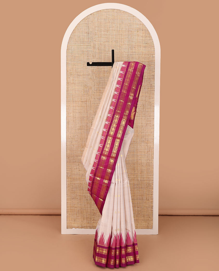 Cream zari buttas Kanchipuram silk saree, contrast thazampoo rekku rettai pettu one-sided border of rekku,banaras,mayil & kamalam designs & zari design pallu