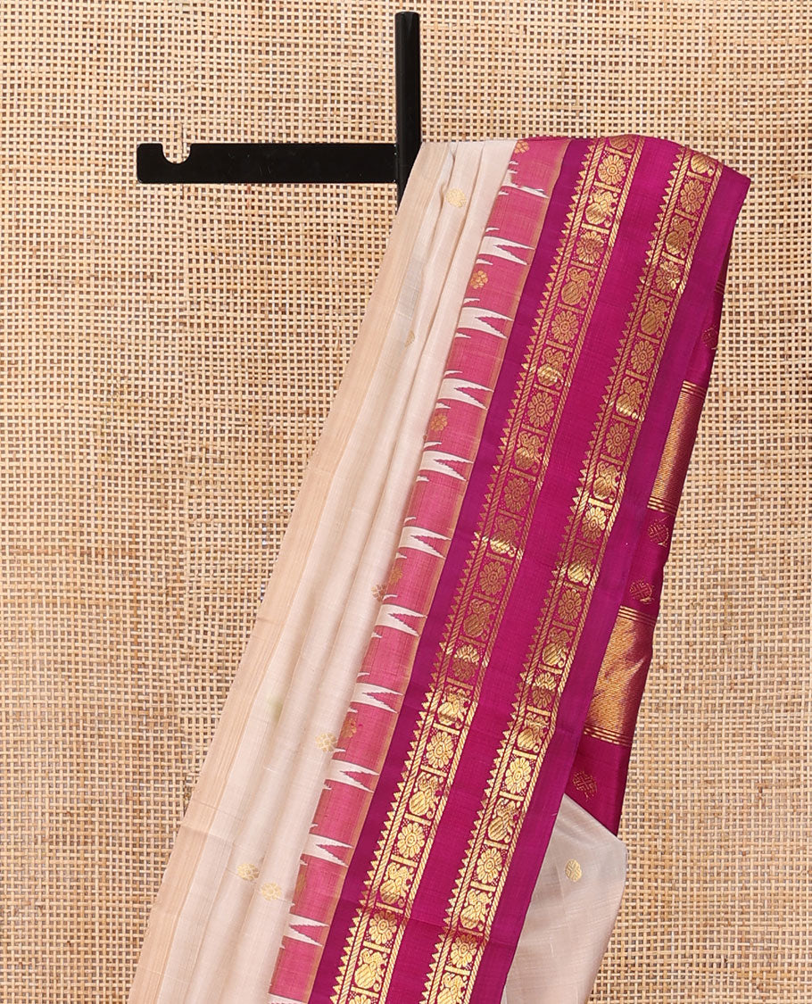 Cream zari buttas Kanchipuram silk saree, contrast thazampoo rekku rettai pettu one-sided border of rekku,banaras,mayil & kamalam designs & zari design pallu