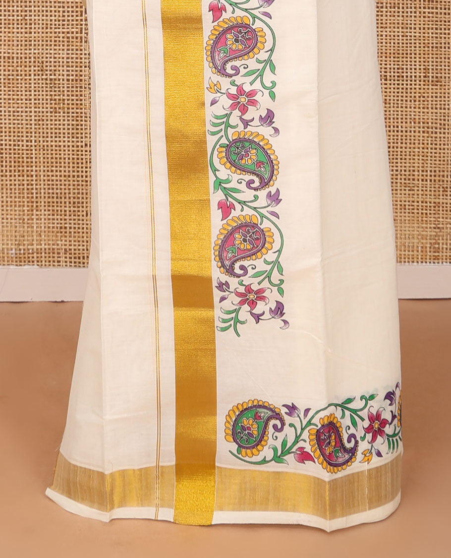 Cream colorful Paisley vine printed Kerala mundu set with zari border