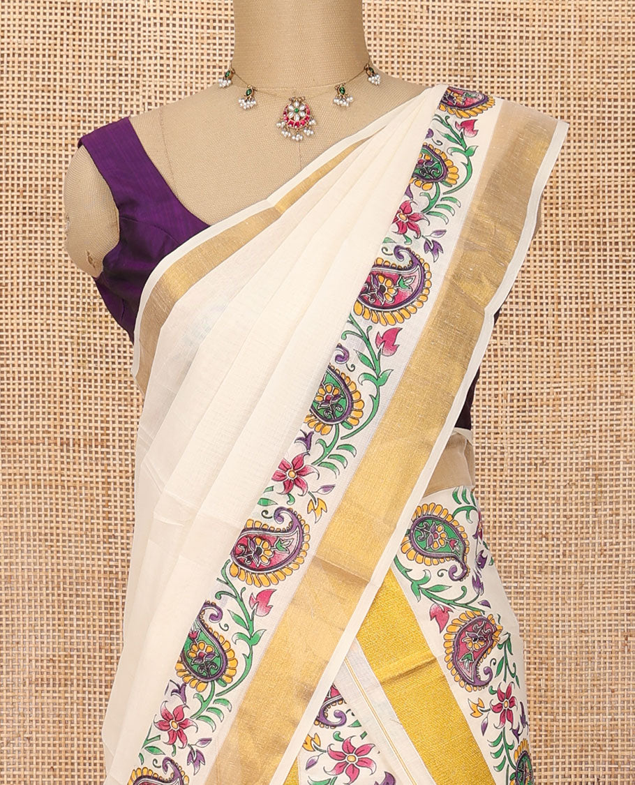 Cream colorful Paisley vine printed Kerala mundu set with zari border