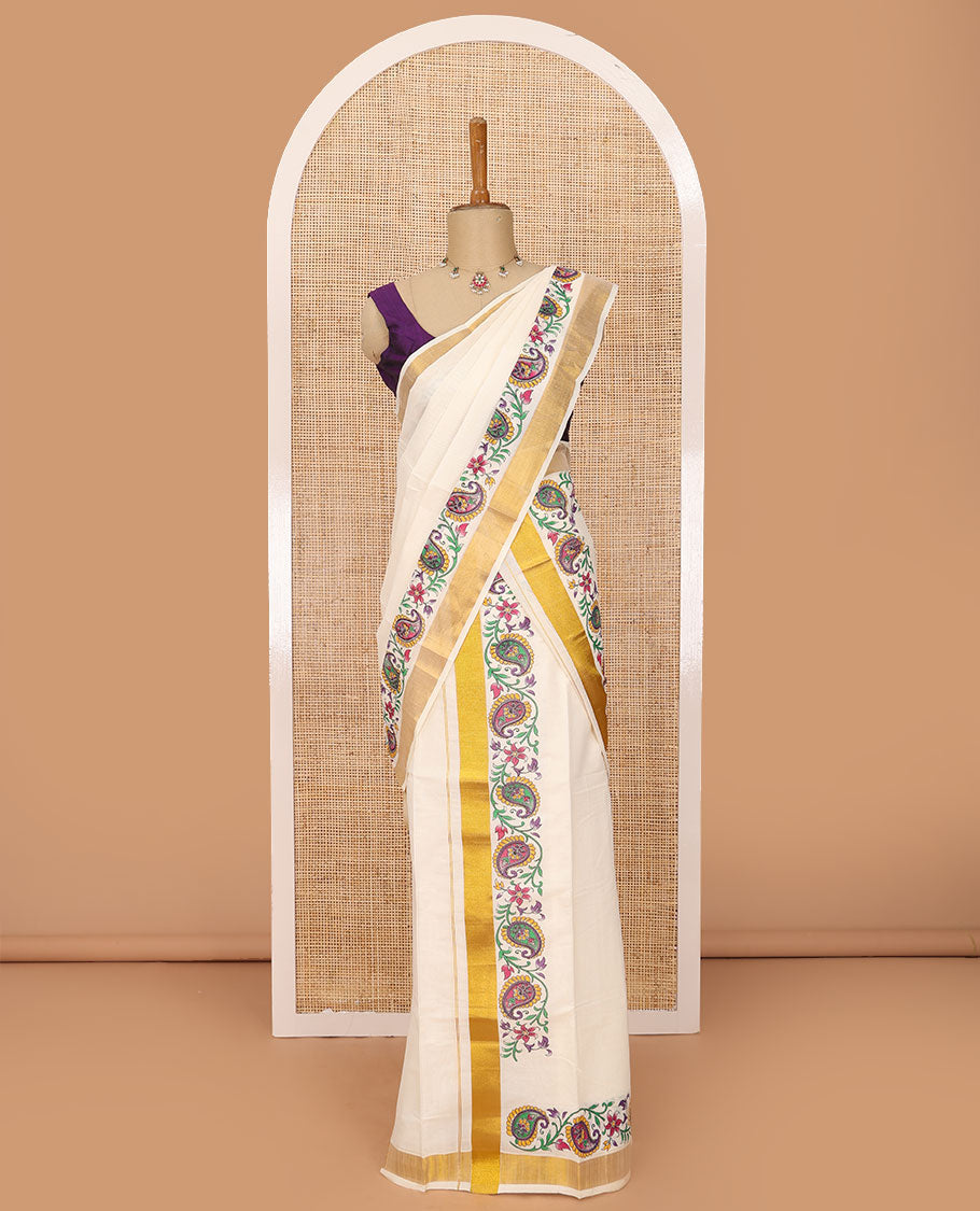 Cream colorful Paisley vine printed Kerala mundu set with zari border