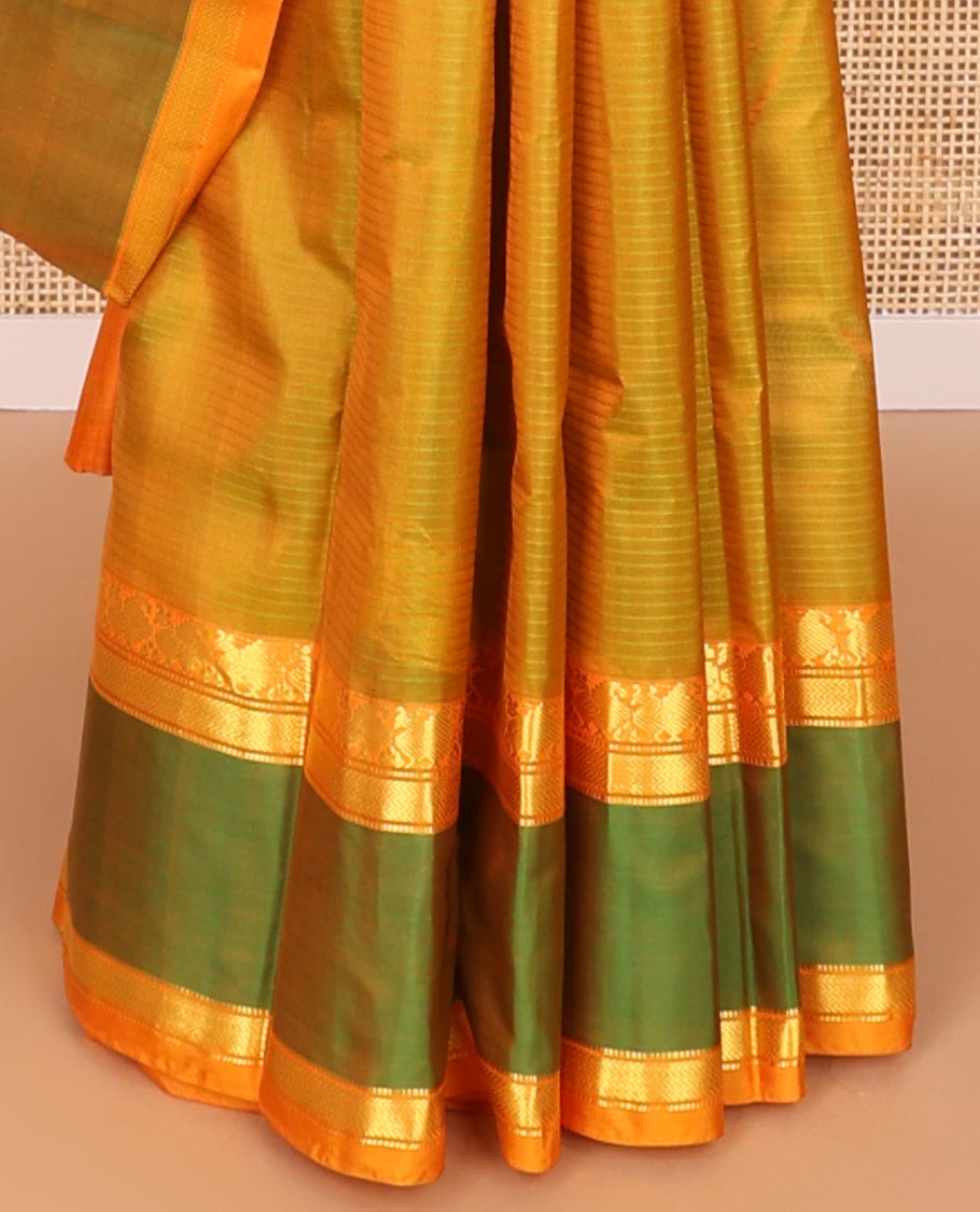 Mustasd striped kancheepuram silk saree with contrast intricate zari design border & striped pallu