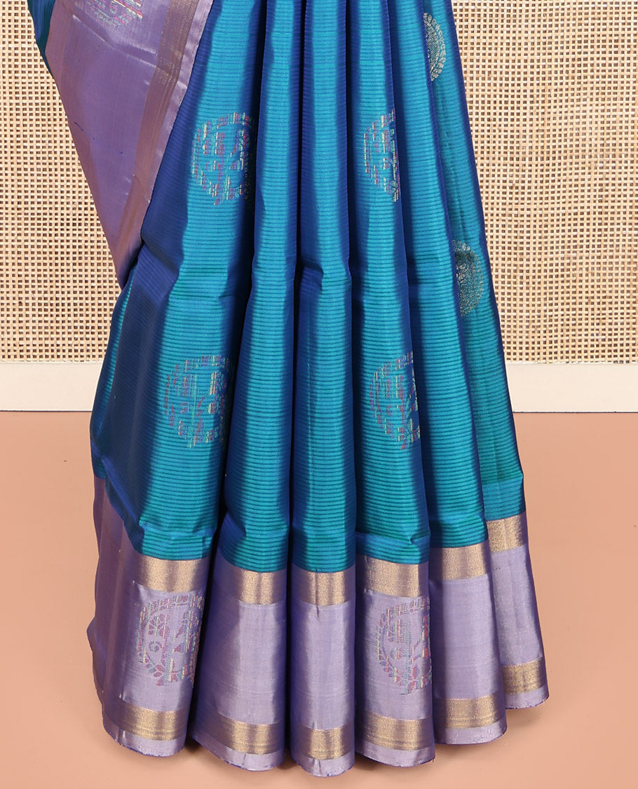 Blue Mayuri Lite Silk Mix Saree, Majestically Detailed with Buttas and Stripes, Complemented by Contrast Unique Design Border, Sparsely Woven Pallu, and Contrast Blouse