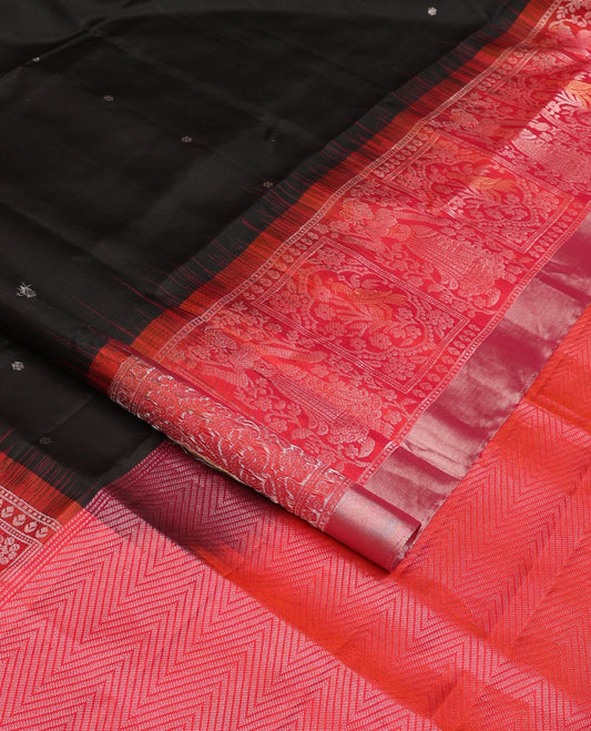 Black zari buttas soft silk saree, contrast floral & human motifs woven zari border & chevron striped pallu