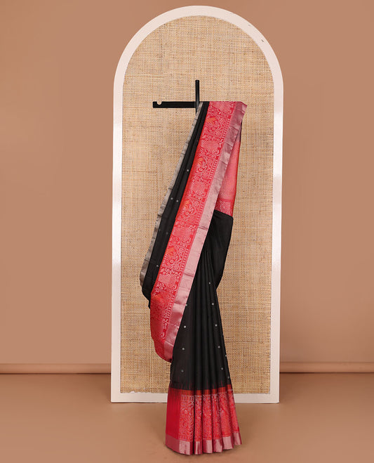 Black zari buttas soft silk saree, contrast floral & human motifs woven zari border & chevron striped pallu