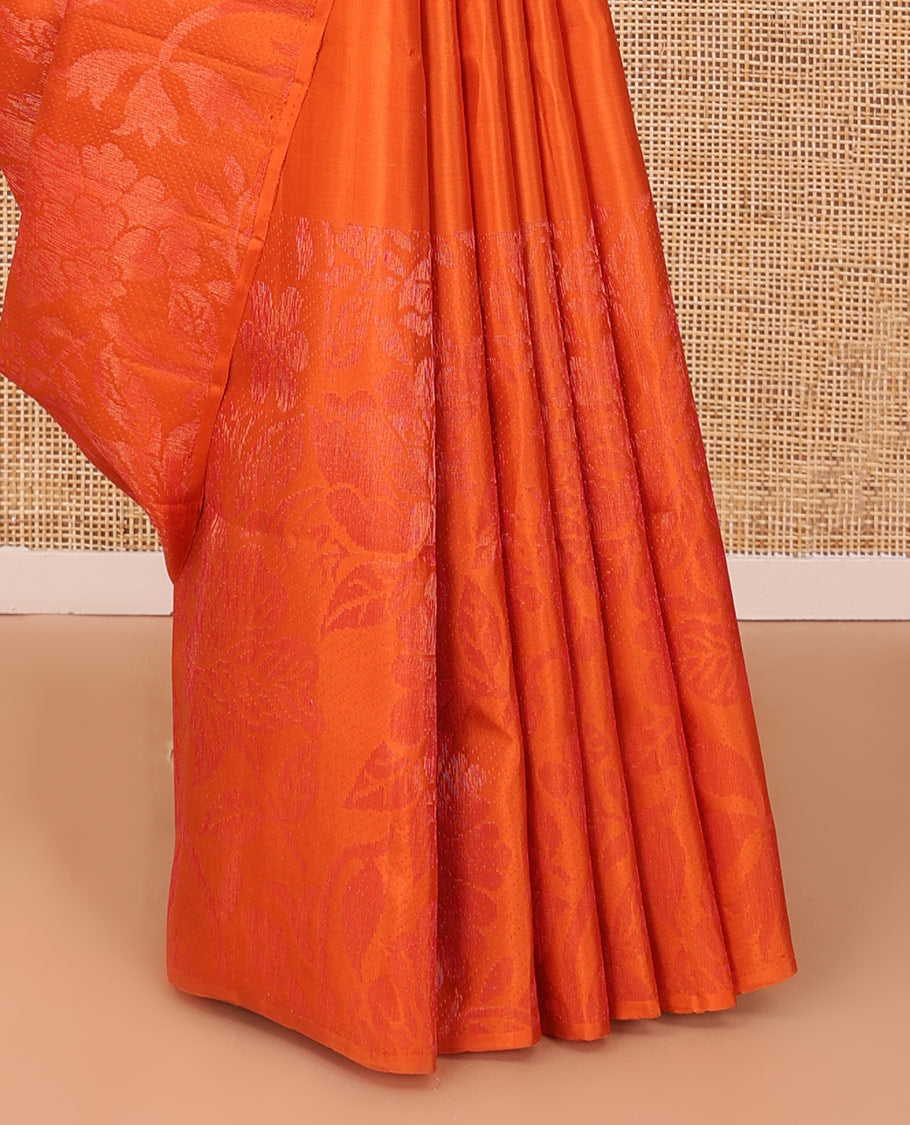 Borderless fanta orange sparsely woven floral design soft silk saree, geometric patterned pallu