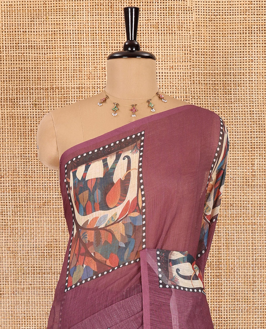 Wine plain linen cotton saree, mordern art style elephant motifs printed border, elephant printed pallu, and a leaf printed blouse
