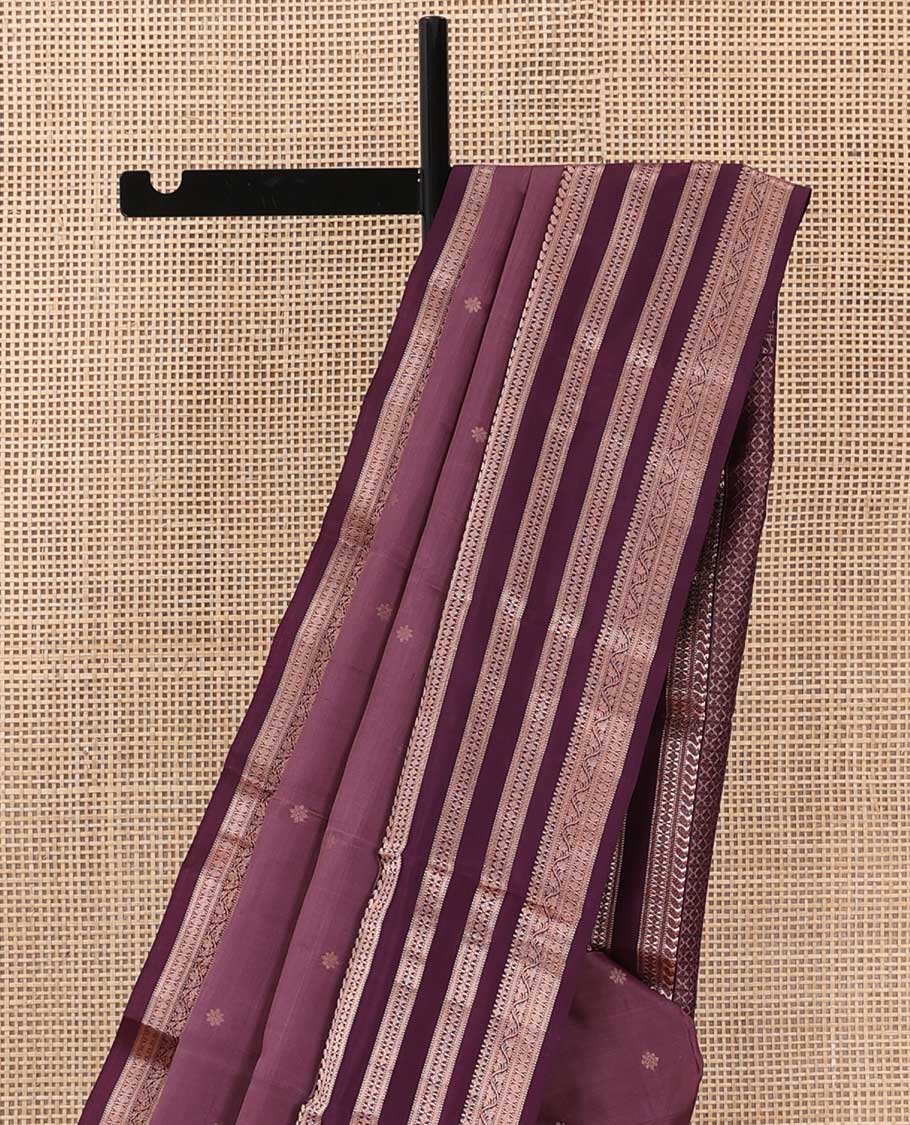 Brown silk saree with zari buttas, contrast border of manga, muthu, banaras, diamonds, and zari designs, and jaal pallu