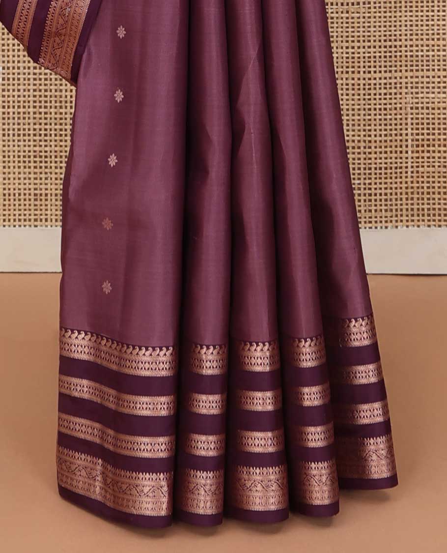 Brown silk saree with zari buttas, contrast border of manga, muthu, banaras, diamonds, and zari designs, and jaal pallu