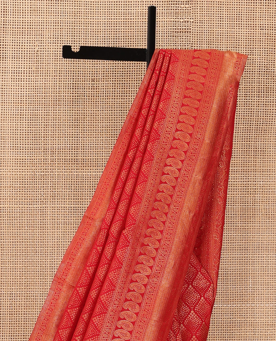 Red jacquard wedding silk saree, zari border of neli, kodi visiry, arumbu manga, and vanki designs, and floral jaal pallu