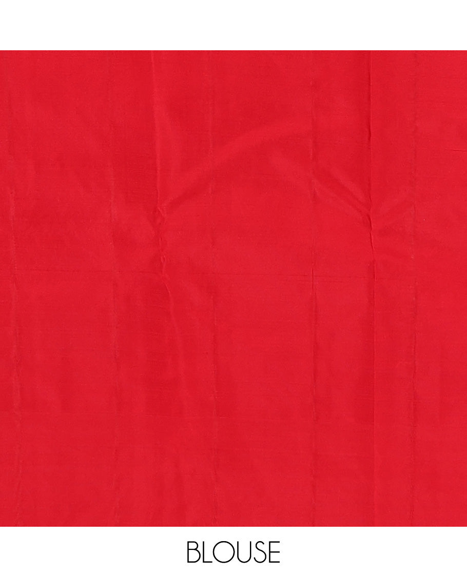 Red jacquard wedding silk saree, zari border of neli, kodi visiry, arumbu manga, and vanki designs, and floral jaal pallu