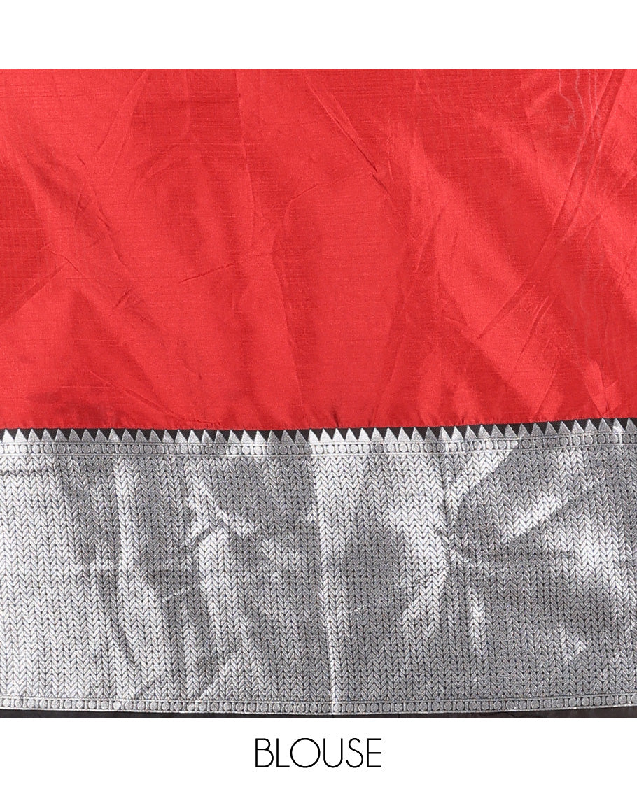 Red half-saree, plain with contrast traditional zari bordered skirt, matching blouse, and contrast scallop micro stone work dhavani