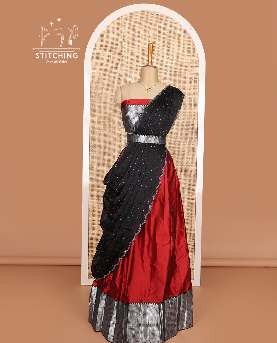 Red half-saree, plain with contrast traditional zari bordered skirt, matching blouse, and contrast scallop micro stone work dhavani