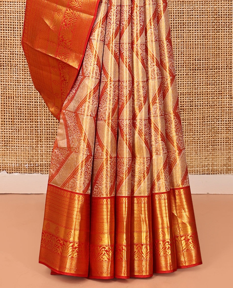 Orange Jacquard Kanchipuram Tissue Silk Saree, Complemented by a Contrast Traditional Zari Border, Grand Pallu, and a Matching Blouse