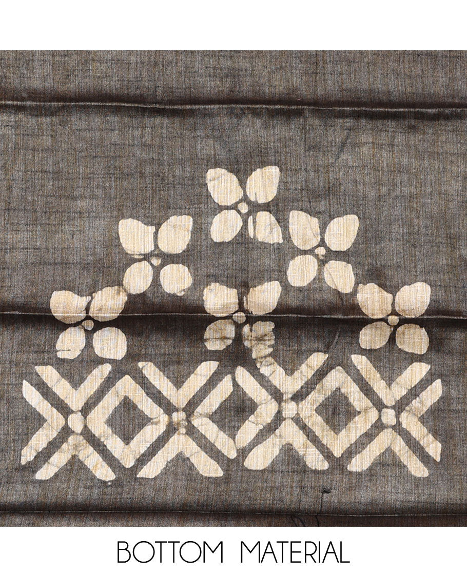 Light brown material chudidar set, batik style printed with neck embroidered top, contrast plain bottom, and batik printed dupatta