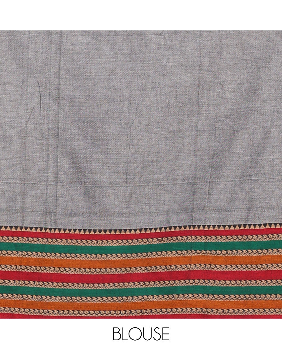 Grey plain cotton half-saree with contrast traditional motifs woven thread bordered skirt, matching blouse, and a contrast traditional bordered dhavani