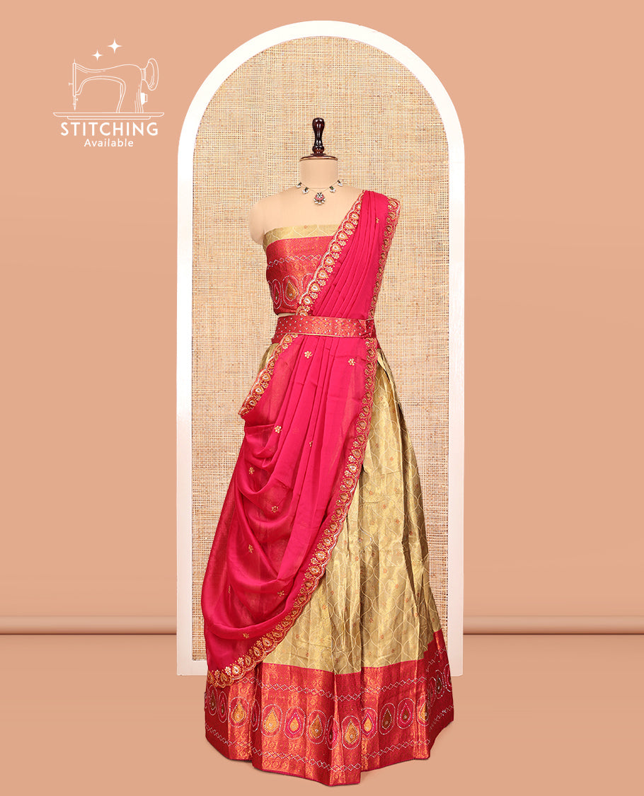 Gold-Pink Banarasi Half-Saree, Bedecked with Butta Enclosed Ogee Design, a Contrast Traditional Zari Stone Work Border, a Matching Blouse, and a Contrast Embroidered Dhavani