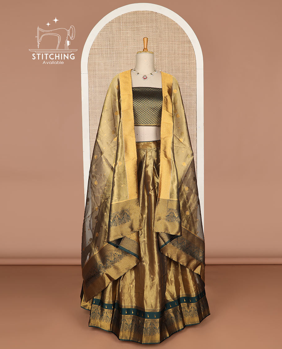 Brown buttas tissue half saree with contrast zari design border, floral jaal zari design blouse & floral design dhavani