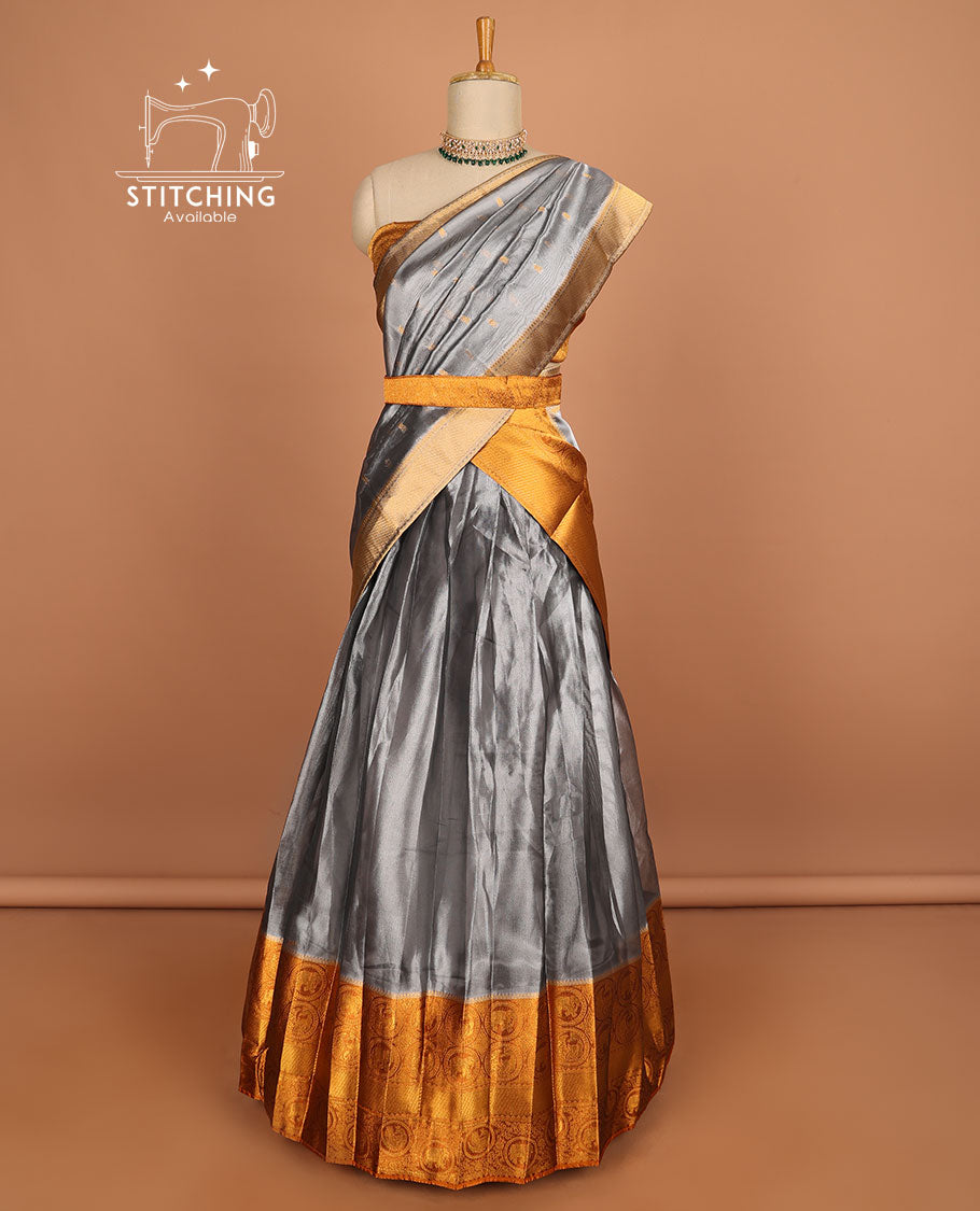 Grey floral buttas half saree with contrast zari border, zari design blouse & floral buttas dhavani