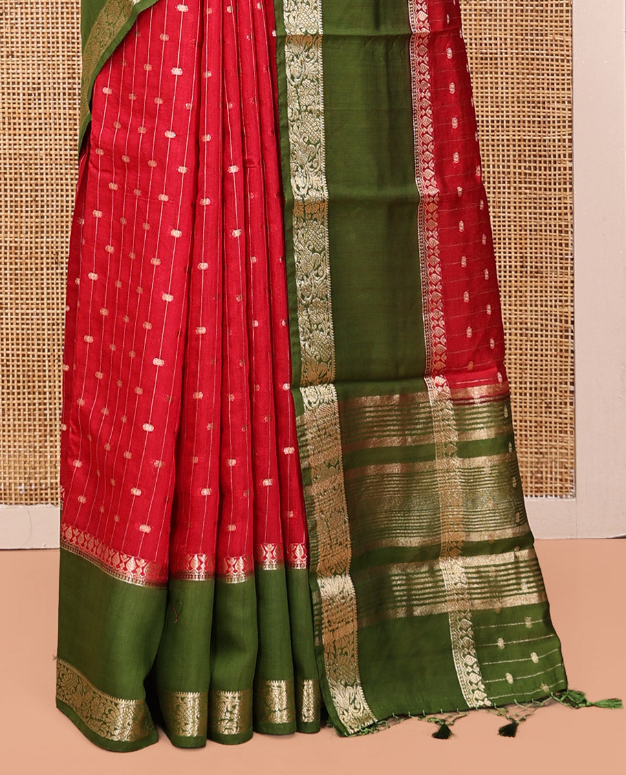 Red Assam Silk Saree, Dazzled with Zari Stripes, Complemented Contrast by a Traditional Zari Border, Striped Pallu, and a Contrast Blouse