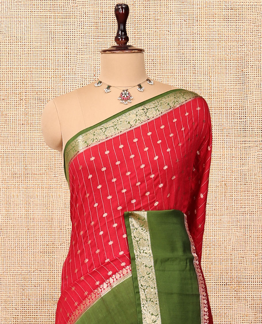 Red Assam Silk Saree, Dazzled with Zari Stripes, Complemented Contrast by a Traditional Zari Border, Striped Pallu, and a Contrast Blouse