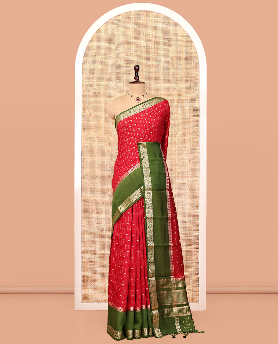 Red Assam Silk Saree, Dazzled with Zari Stripes, Complemented Contrast by a Traditional Zari Border, Striped Pallu, and a Contrast Blouse