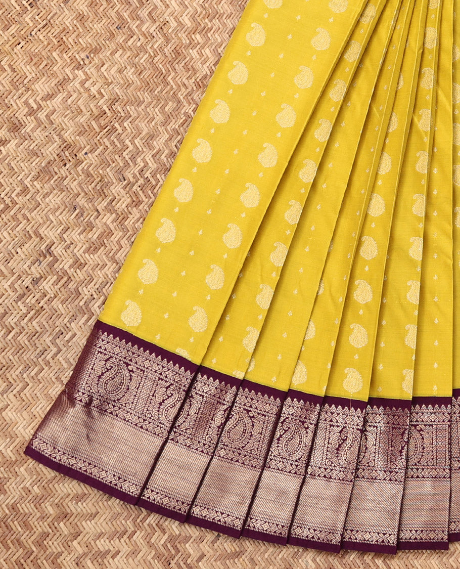 Yellow Budget Silk Saree, Sparsely Threaded with Zari Buttas, Complemented by a Contrast Traditional Zari Border, Grand Pallu, and a Contrast Blouse