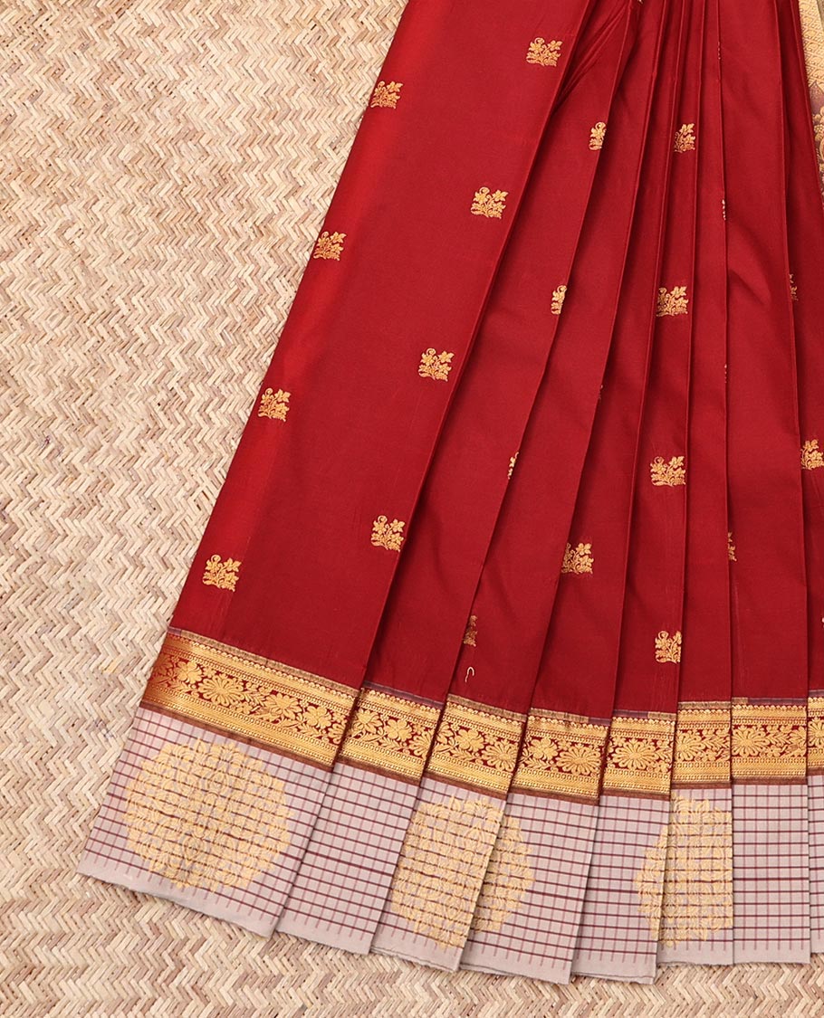 Dark Red Budget Silk Saree, Detailed with Zari Buttas, Complemented by Contrast Traditional Zari Border, Grand Pallu, and a Contrast Blouse