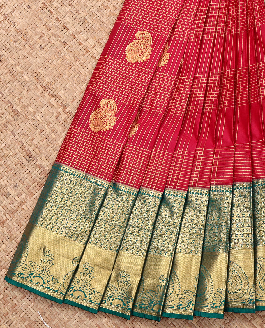 Red Budget Silk Saree, Bedecked with Zari Buttas and Checks, Complemented by a Contrast Traditional Zari Border, Grand Pallu, and a Contrast Blouse