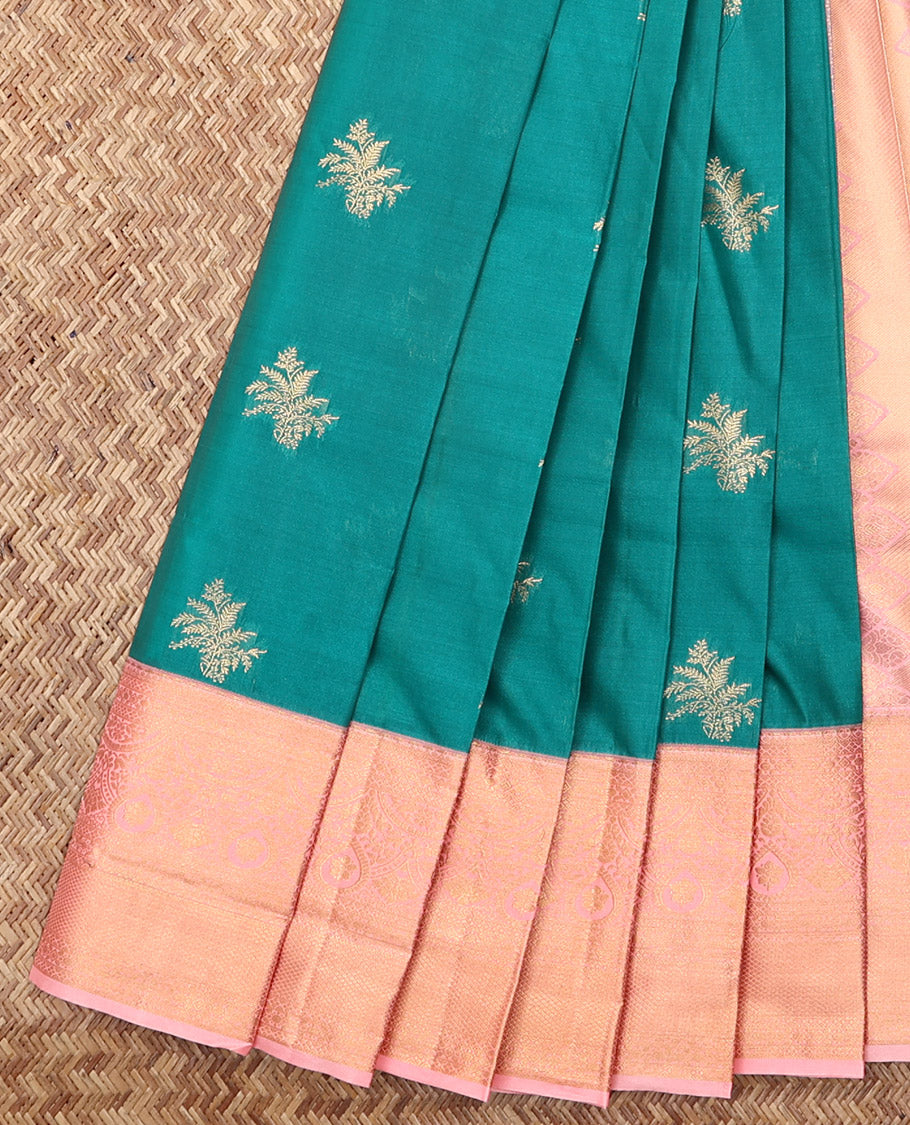 Green Budget Silk Saree, Embellished with Zari Buttas, Complemented by a Contrast Traditional Zari Border, Grand Pallu, and a Contrast Blouse