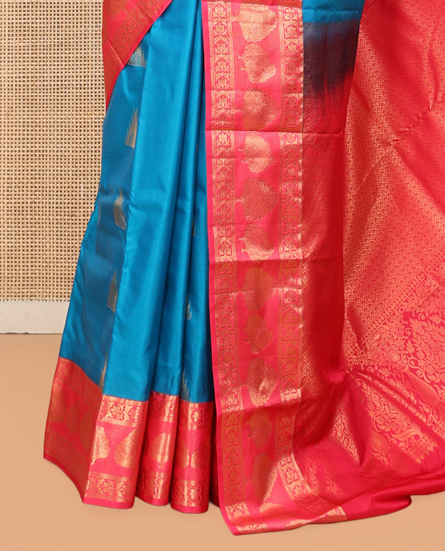 Blue Budget Silk Saree, Elevated with Zari Designs, Complemented by Contrast Traditional Zari Border, Pallu of Intricate Designs, and Contrast Blouse