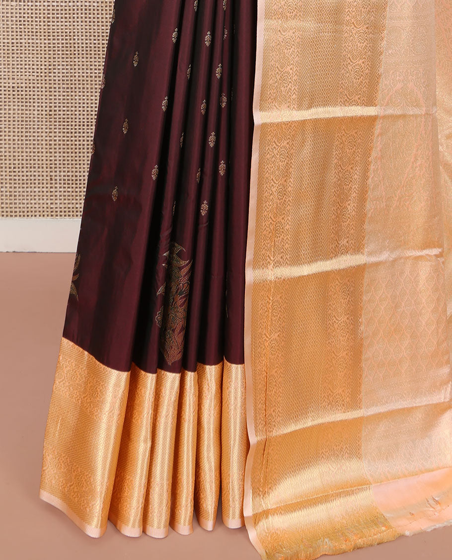 Maroon Budget Silk Saree, Prettified with Zari Buttas All Over Its Body, Complemented by a Contrast Traditional Zari Design Border of Paisleys, Majestically Zari Detailed Pallu, and Paired with a Contrast Blouse