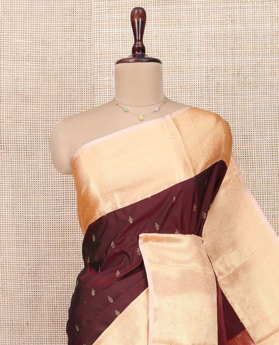Maroon Budget Silk Saree, Prettified with Zari Buttas All Over Its Body, Complemented by a Contrast Traditional Zari Design Border of Paisleys, Majestically Zari Detailed Pallu, and Paired with a Contrast Blouse