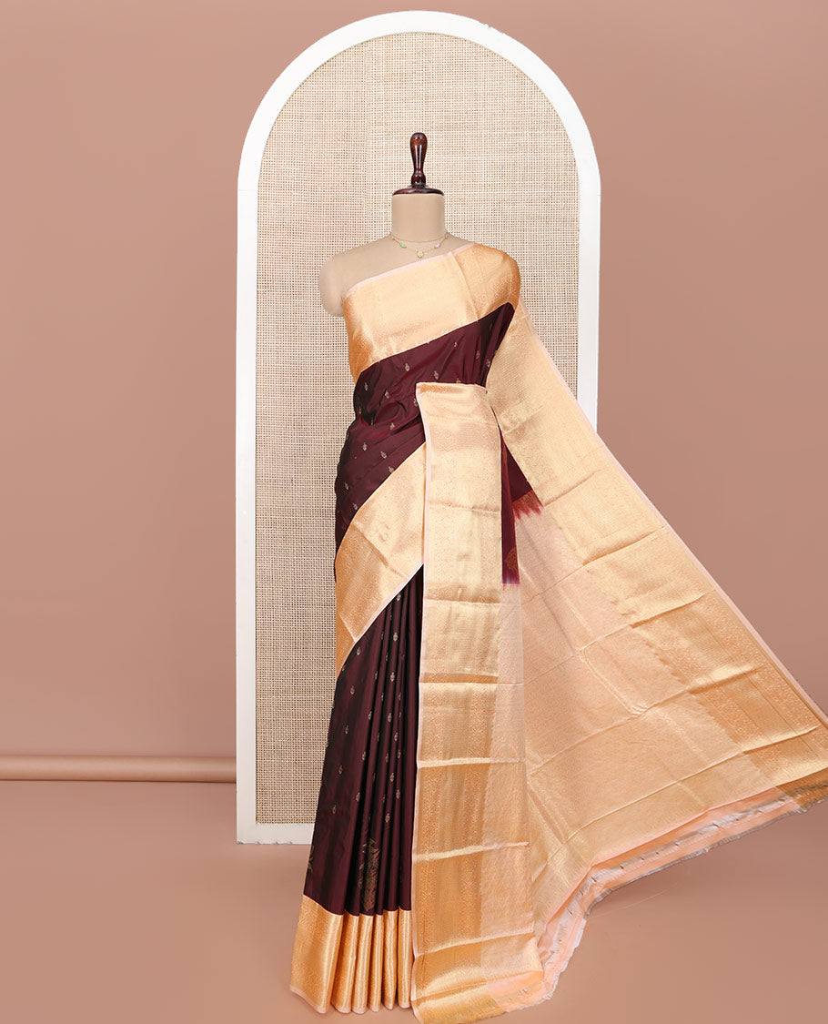 Maroon Budget Silk Saree, Prettified with Zari Buttas All Over Its Body, Complemented by a Contrast Traditional Zari Design Border of Paisleys, Majestically Zari Detailed Pallu, and Paired with a Contrast Blouse