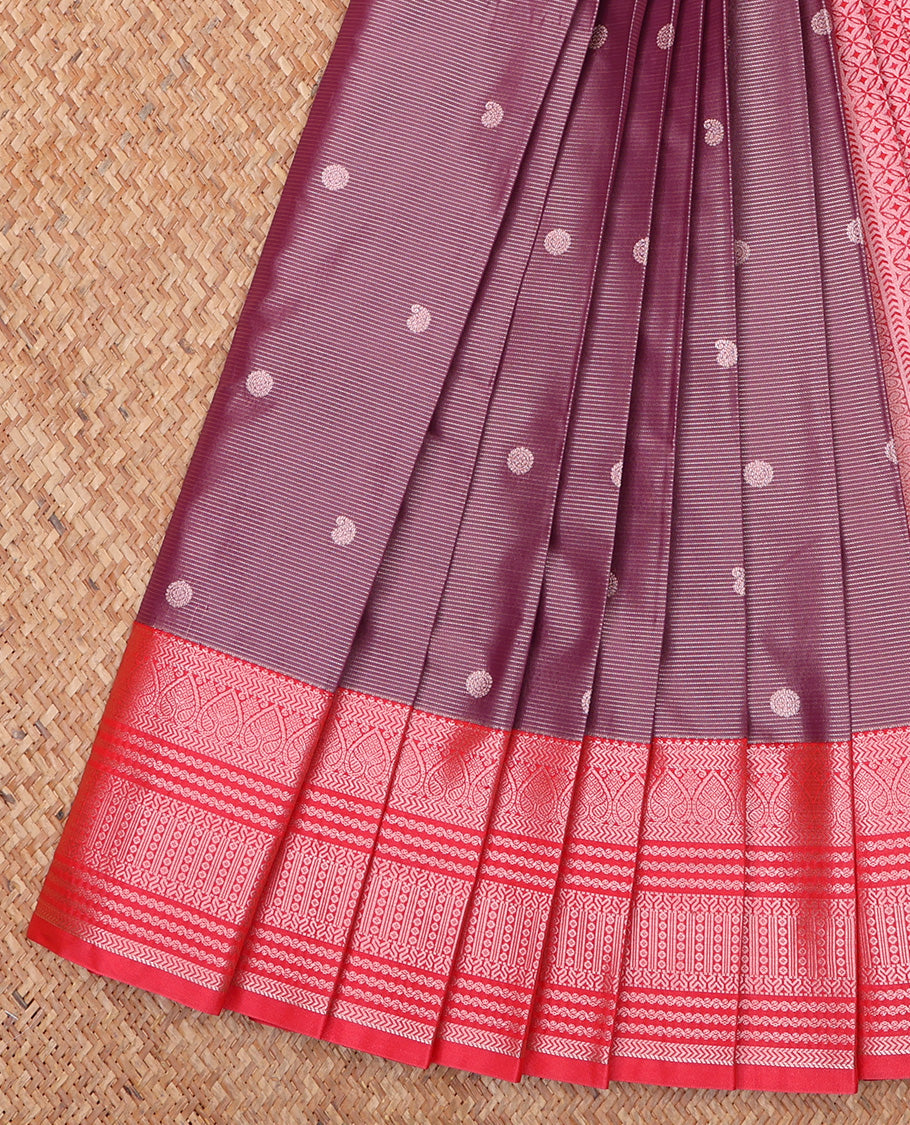 Light Burgundy Budget Silk Saree, Beautified with Zari Buttas and Stripes All Over Its Body, Complemented by Contrast Traditional Zari Designs Woven, Grand Jaal Pallu and Paired with a Contrast Blouse