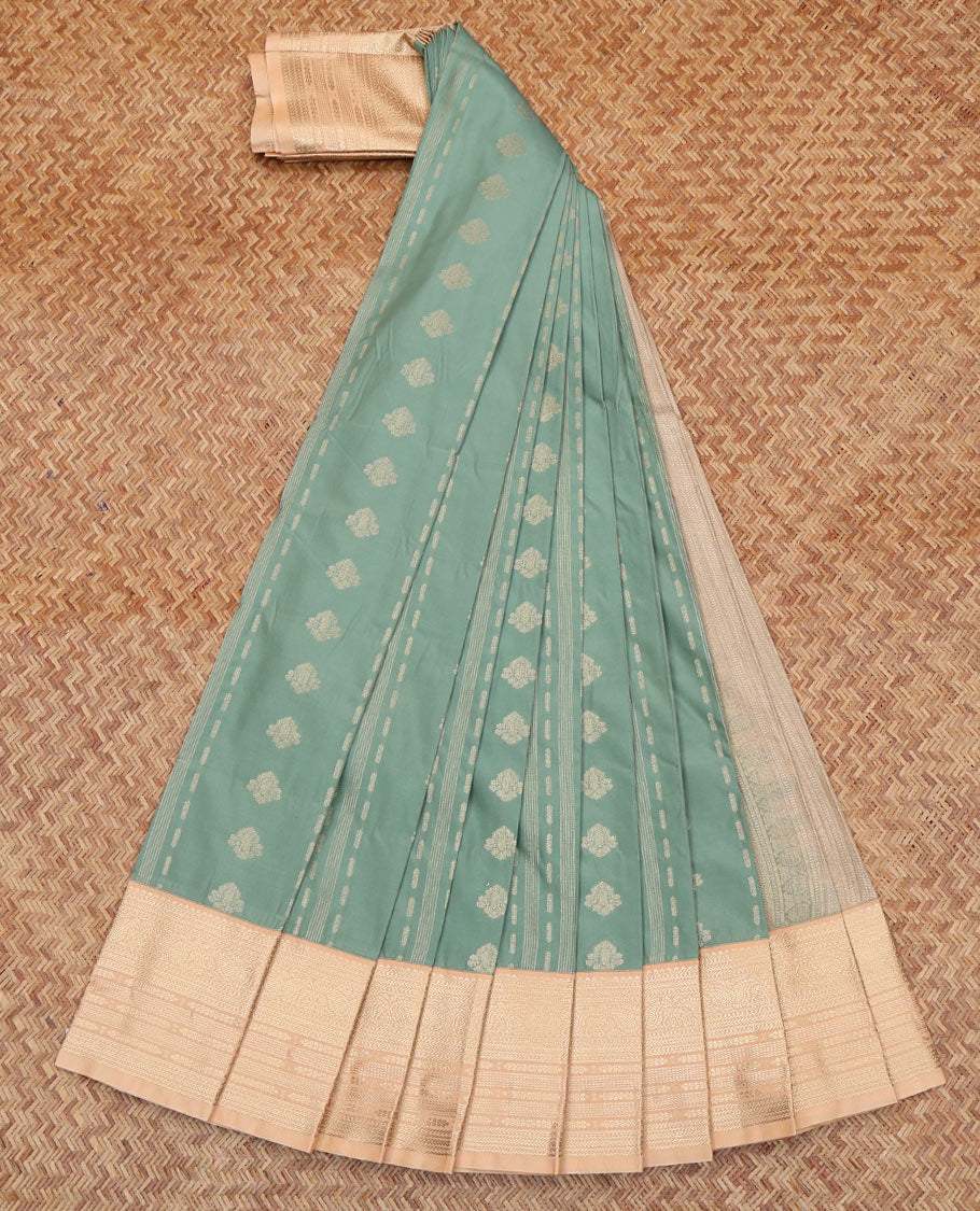 Green Budget Silk Saree, Woven with Zari Buttas All Over Its Body, Complemented by a Contrast Traditional Zari Border, Intricately Designed Pallu, and Paired with a Contrast Blouse