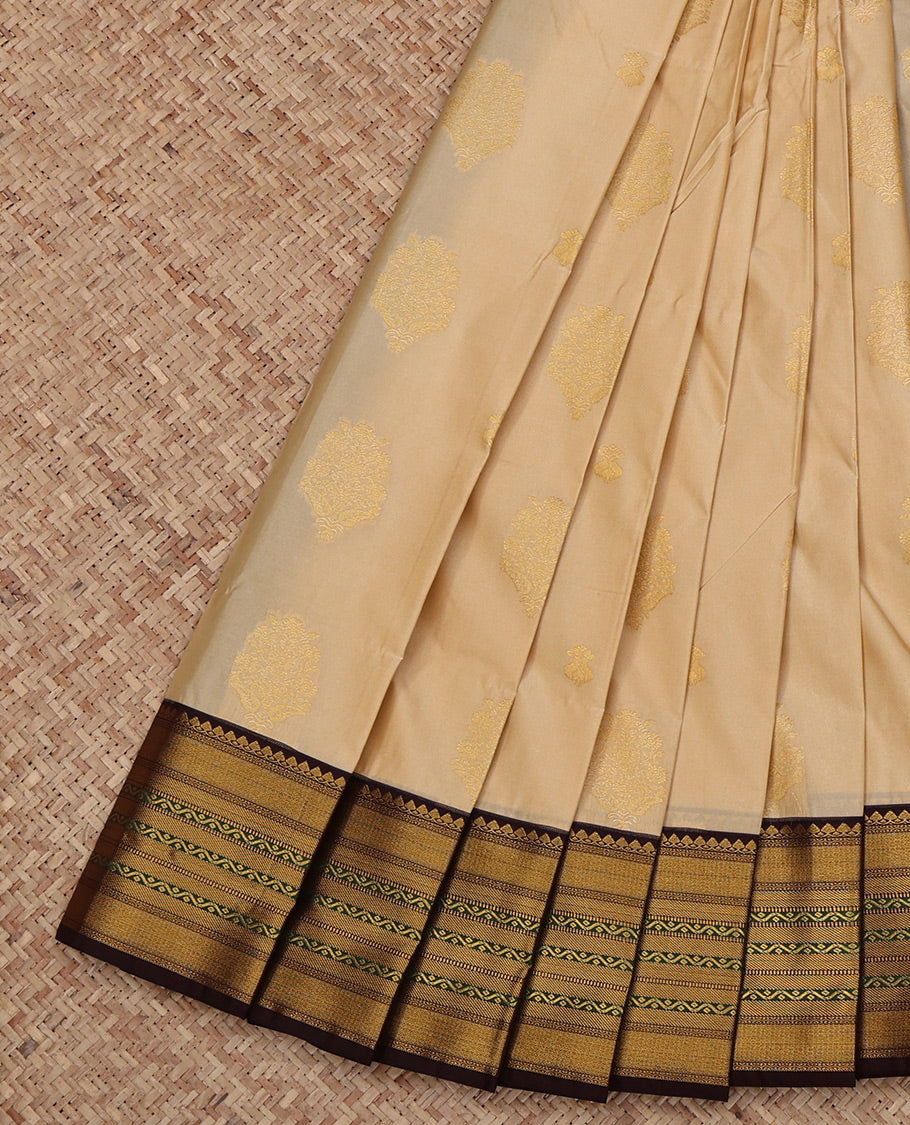 Cream Budget Silk Saree, Embellished with Zari Buttas All Over Its Body, Complemented by a Contrast Traditional Zari Design Border, Grand Pallu, and Paired with a Contrast Blouse