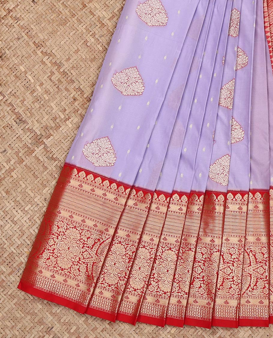 Lavender Budget Silk Saree, Prettified with Zari Buttas on Its Body, Complemented by a Contrast Traditional Zari Design Border, Grand Jaal Pallu, and Paired with a Contrast Blouse