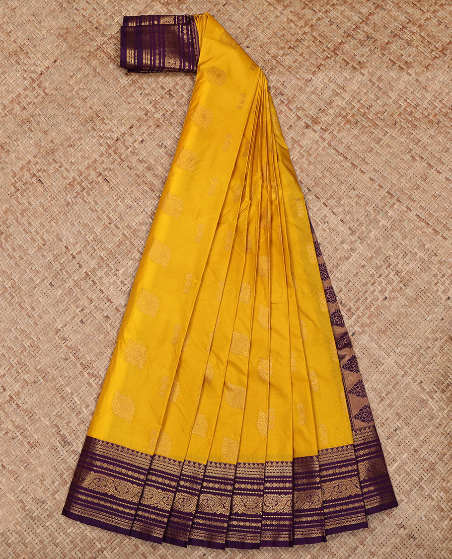 Yellow Budget Silk Saree, Sparsely Woven with Zari Buttas All Over Its Body, Complemented by a Contrast Traditional Zari Design Border, Grand Diagonally Striped Pallu, and Paired with a Contrast Blouse